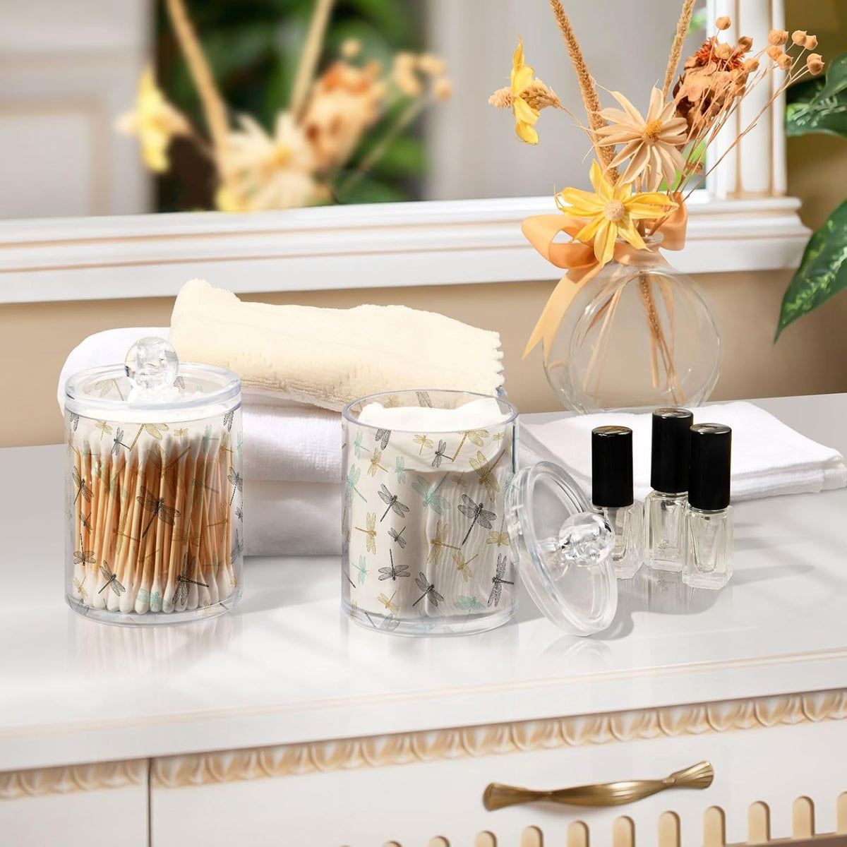 4 Pack Qtip Dispenser Apothecary Jars Bathroom Organizer, Golden Blue Dragonfly Retro Qtip Holder Storage Canister Plastic Acrylic Jar for Cotton Ball/Swab/Rounds