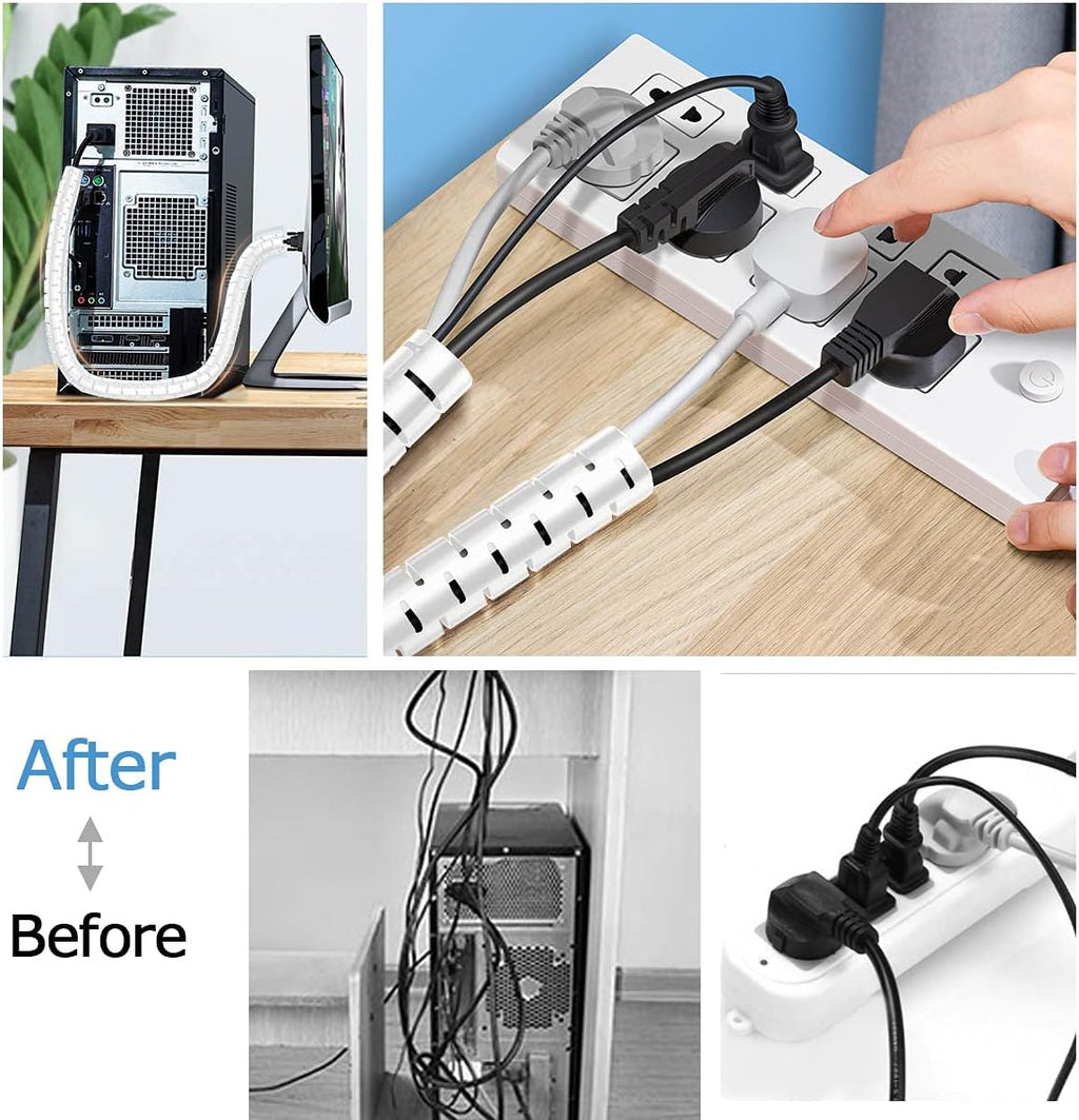 Large Cable Management White Computer Wire Sleeve Organizer Coiled Under Desk Tubes 2 PCS, 1.1 inch -5 ft EZ Spiral Cable Bundler Cover for TV Office, Pet Chew and Bite Proof Cable Protector