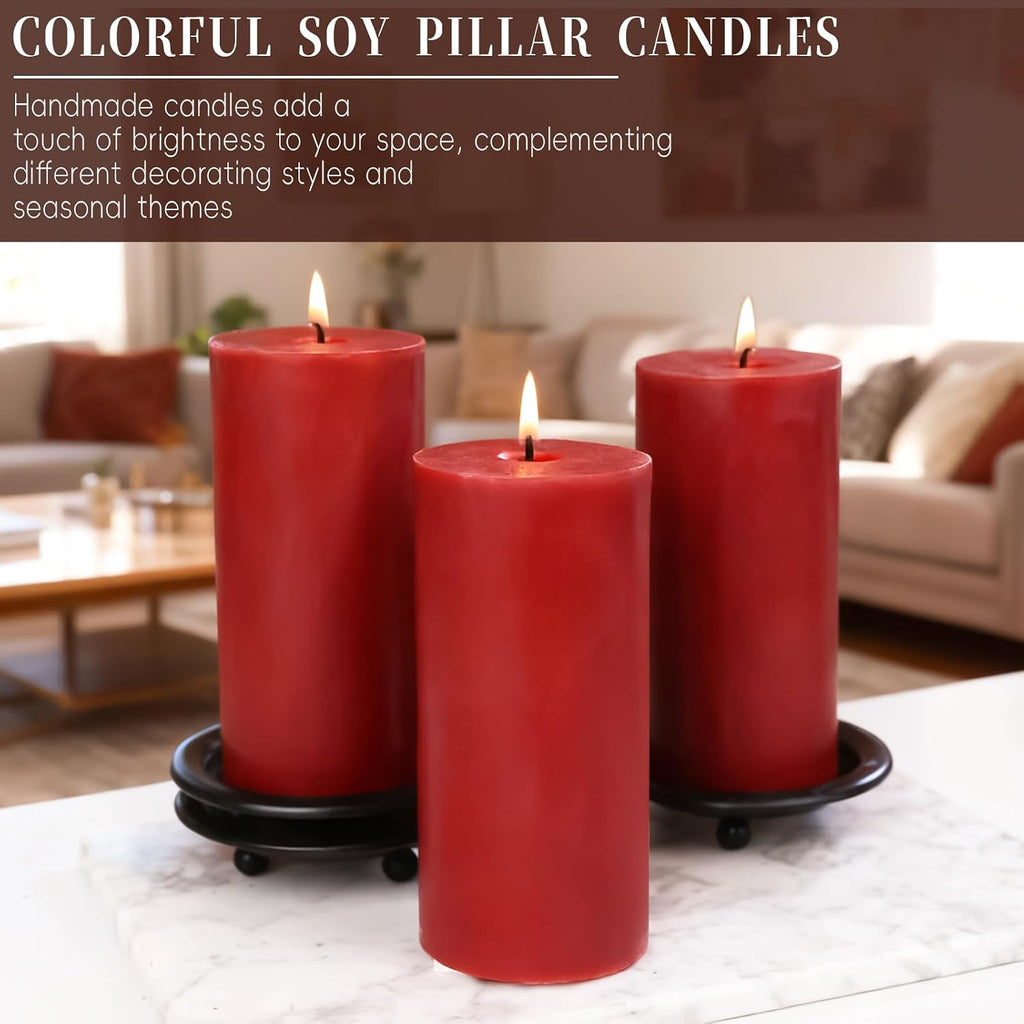 Red Soy Pillar Candles,3 Pack,2.8 x 6 Inch,Unscented,85-Hour Burn
