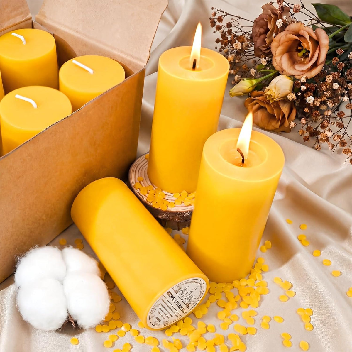 6 Pack Natural Beeswax Pillar Candles, Organic Unscented Candles