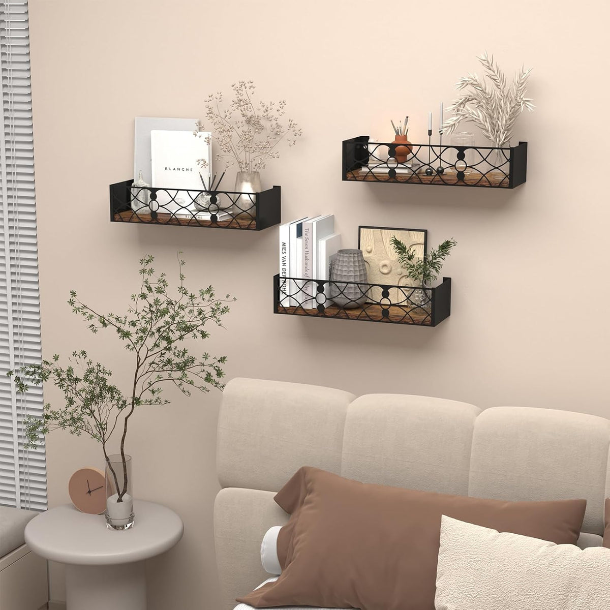 Wall Shelf with Removable Railing, 3 Same Sizes Floating Shelves