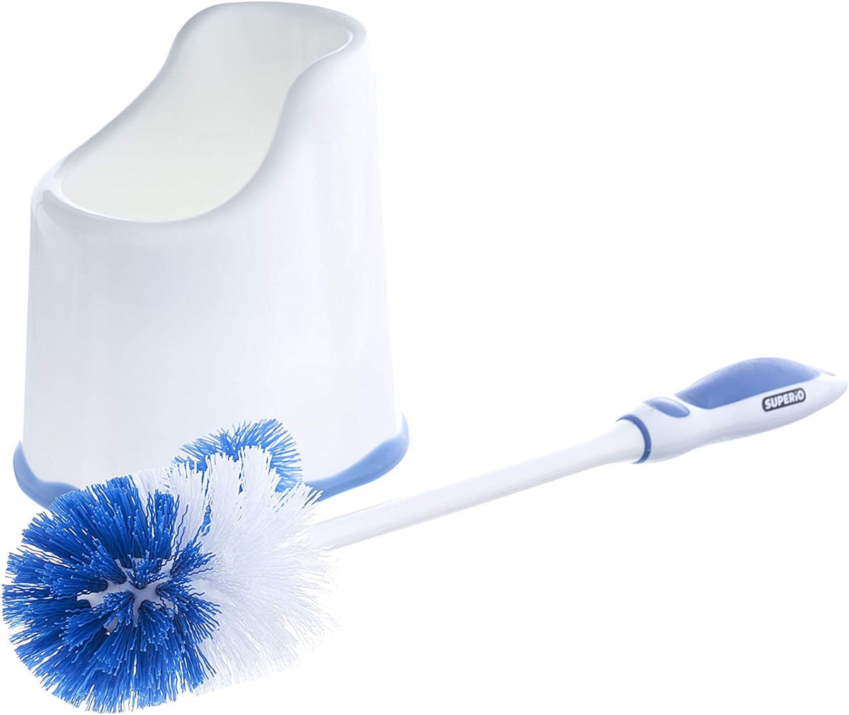 Superio Toilet Bowl Brush and Holder with Under Rim Cleaner for Bathroom, Toilet Brush and Caddy with Non Scratch Bristles and Under Rim Lip Brush, White and Blue (2 Pack)