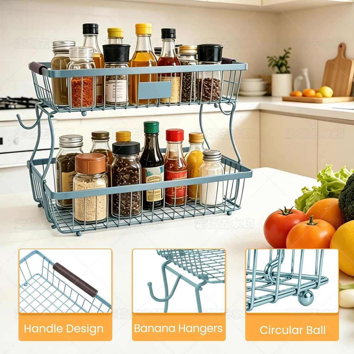 2-Tier Stackable Wire Basket with 2 Banana Hooks, Pantry Organizer for Kitchen Countertops, Cabinets & Under-Sink Spaces; Ideal for Storing Snacks, Fruits, Veggies, Onions, Potatoes, & More,Blue