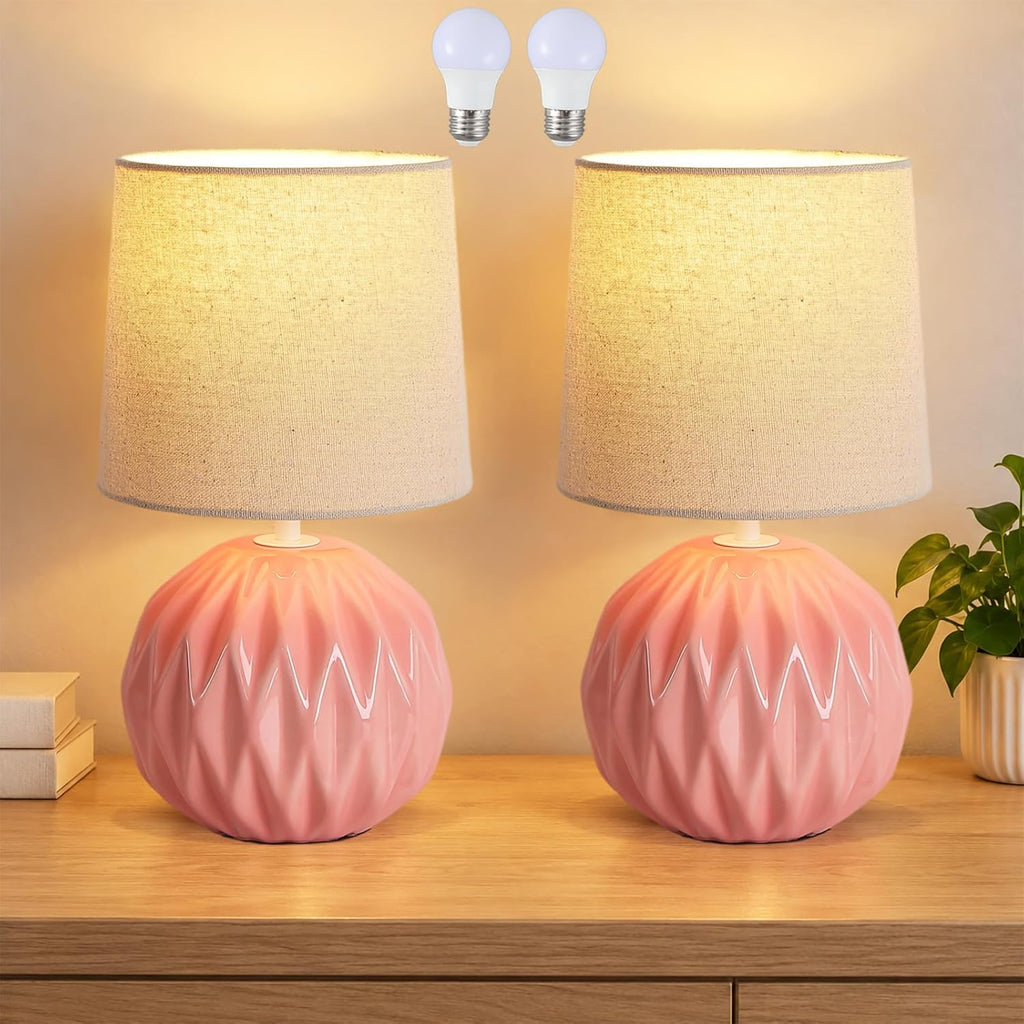 Pink Ceramic Table Lamp Set of 2, Small Bedside Lamp with Linen Shade