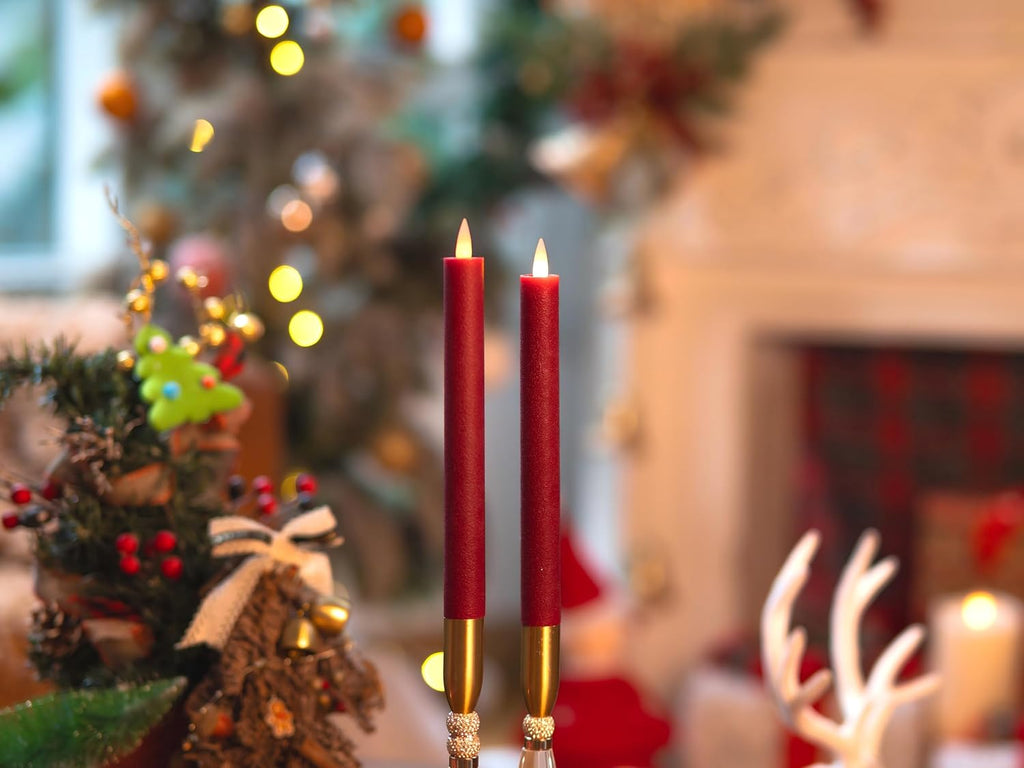 Burgundy Flameless Taper Candles with Remote & Timer -Leather-Textured Real Wax, 3D Moving Flicker, 400Hr Battery Operated Window Candles (Remote Uses 2 AAA Batteries, Not Included)