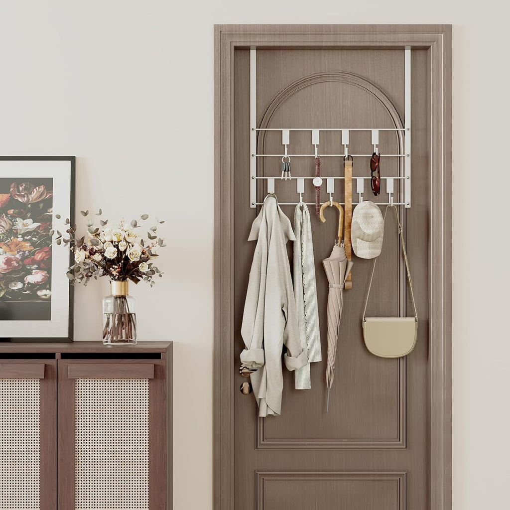 Over The Door Hooks for Hanging, 14 Hooks Over Door Coat Hanger, Coat Clothing Rack and Towel Rack for Bathroom Organizer, Door Hanger Organizer Kitchen, Bathroom Towel Storage Decor White