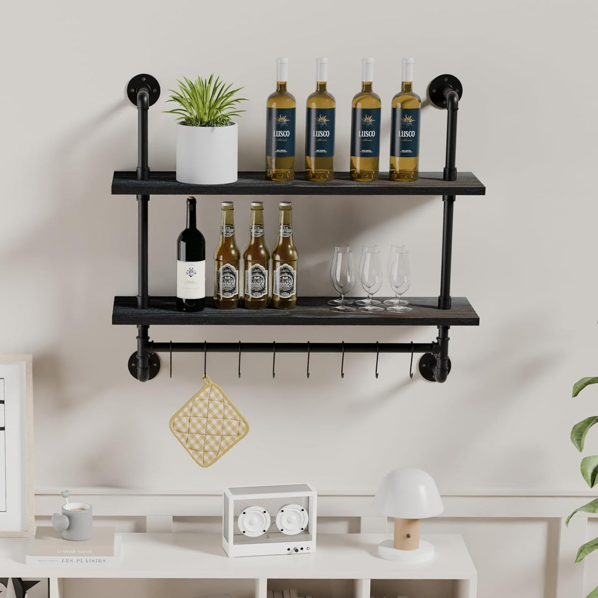 ROGMARS Industrial Pipe Shelving Pine Wood Black Floating Shelves for Wall
