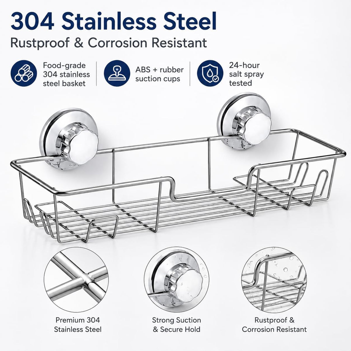 iPEGTOP Strong Suction Cup Adhesive Shower Caddy Bath Shelf Storage with Hooks, Combo Organizer Basket for Shampoo, Conditioner, Soap, Razor Bathroom Accessories - Rustproof Stainless Steel