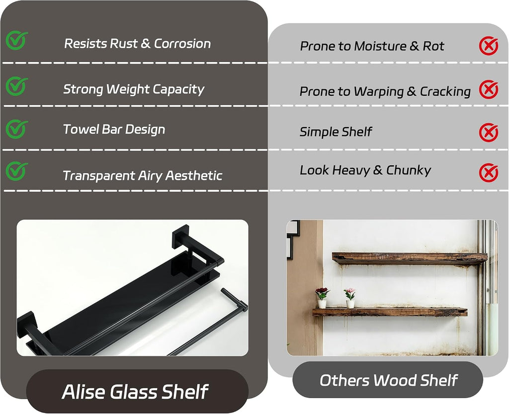 Alise Bathroom Shelf with Towel Bar, 20" Wall Mounted Glass Bathroom Shelf