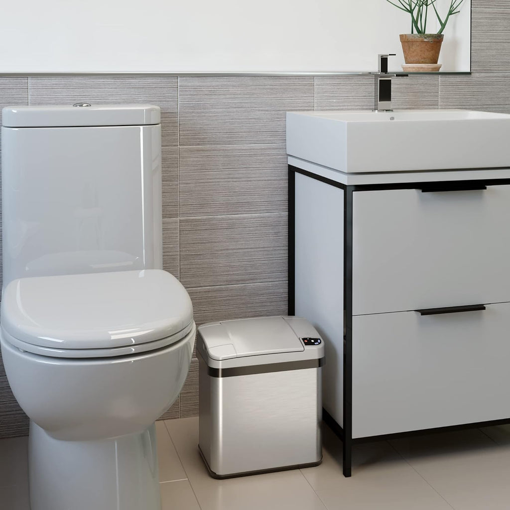 iTouchless 2.5 Gallon Bathroom Trash Can with Odor Control, Automatic Motion Sensor Bin, Soft-Close Stainless Steel, Slim Wastebasket for Narrow Spaces, Silver