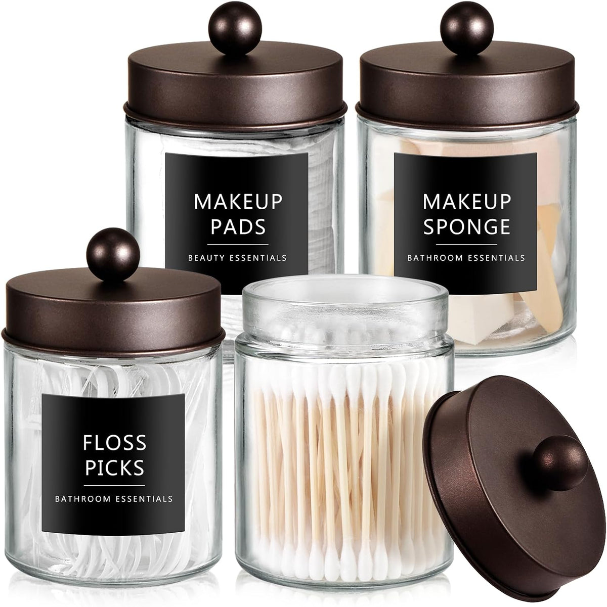 SheeChung 4 Pack Glass Qtip Holder with Bronze Stainless Steel Lids
