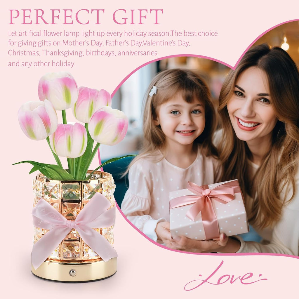 Tulip Flower Lamps, Rechargeable Cordless Small Desk Lamp, 3 Colors Dimmable Artificial Flowers Night Light, Fake Bouquet 5 Tulip with Crystal Vase for Home Date Party Decoration (Tulip-Pink)