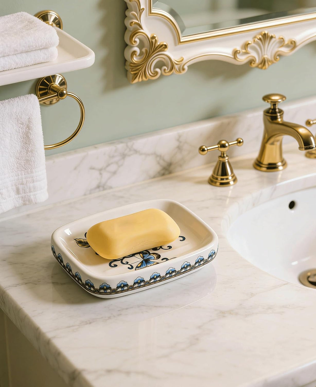 Kelake Ceramic Soap Dish Creative Ice Crack Ceramic Blue Butterfly and Flower Pattern Soap Dish Holder for Bathroom and Shower Soap Tray Box with Drain Gift for Mum Family