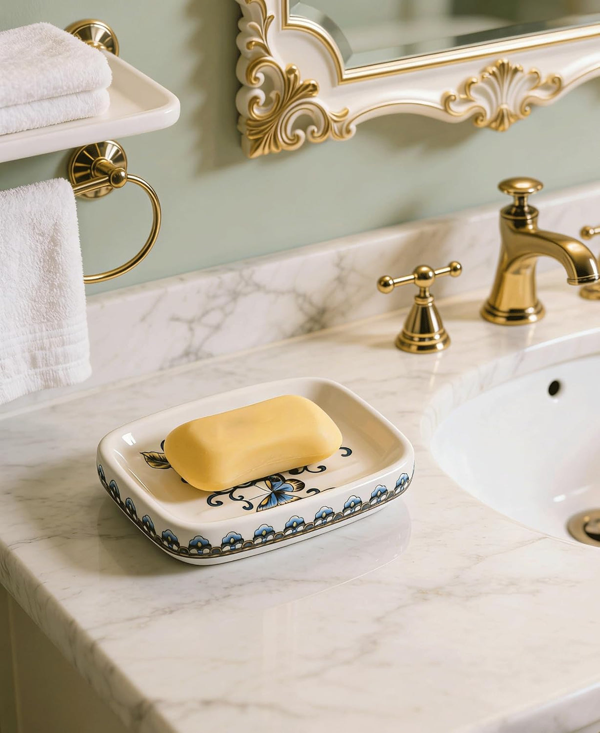 Kelake Ceramic Soap Dish Creative Ice Crack Ceramic Blue Butterfly and Flower Pattern Soap Dish Holder for Bathroom and Shower Soap Tray Box with Drain Gift for Mum Family