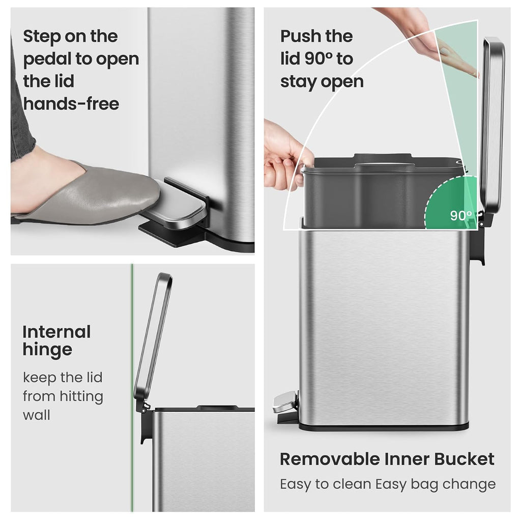 Cesun 2.6 Gallons Small Bathroom Trash Can with Lid Soft Close, Silver