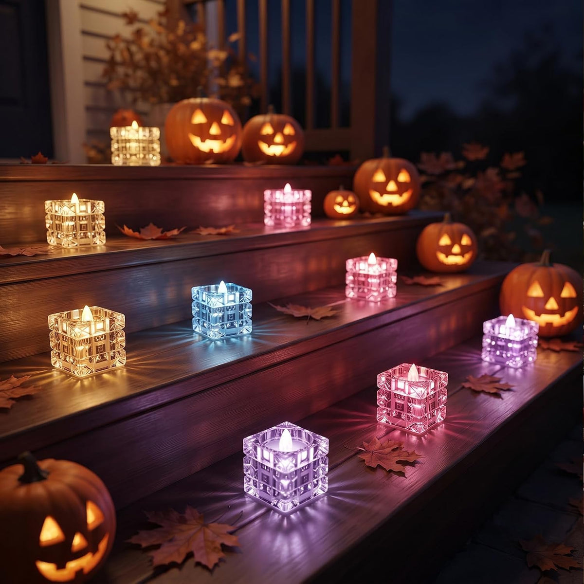 AVEKI 12 Pack Crystal Flameless Tea Lights Candles Battery Operated, Color Changing Flameless Tealight Candles for Halloween Christmas Wedding Party Home Decor (Block-Colorful)