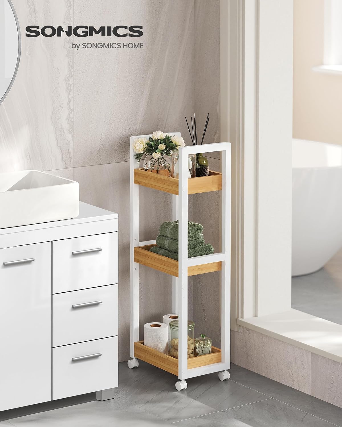 SONGMICS Bamboo Bathroom Shelf, 3-Tier Adjustable Plants Rack