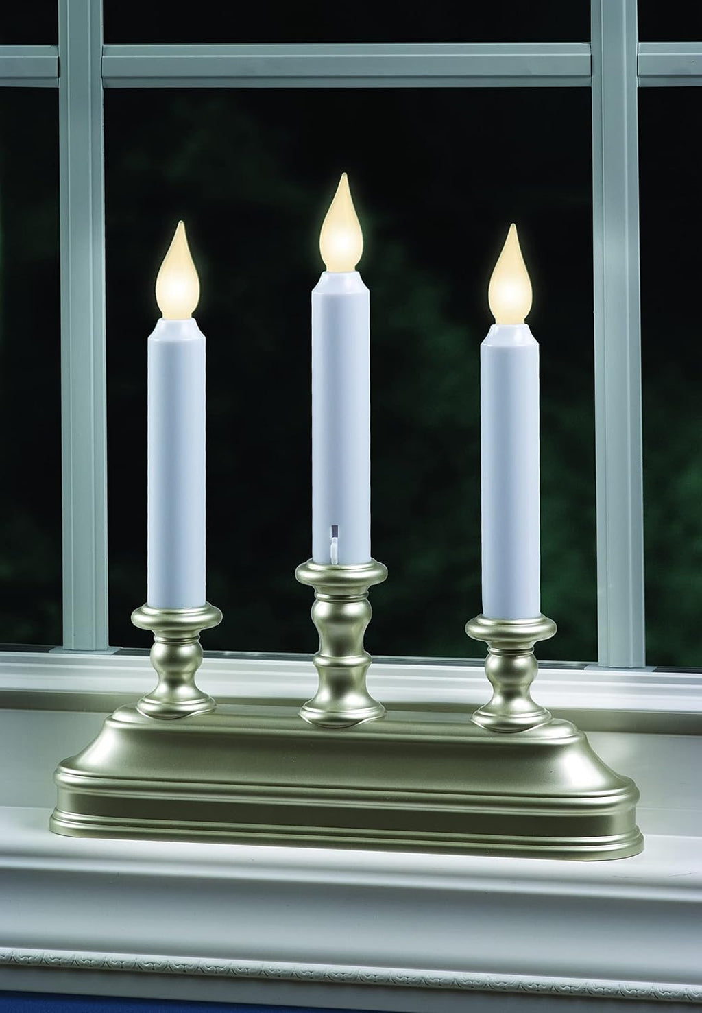 Xodus Battery Operated Window Candles, Pewter, 3-Arm Candelabra, 3 Pack