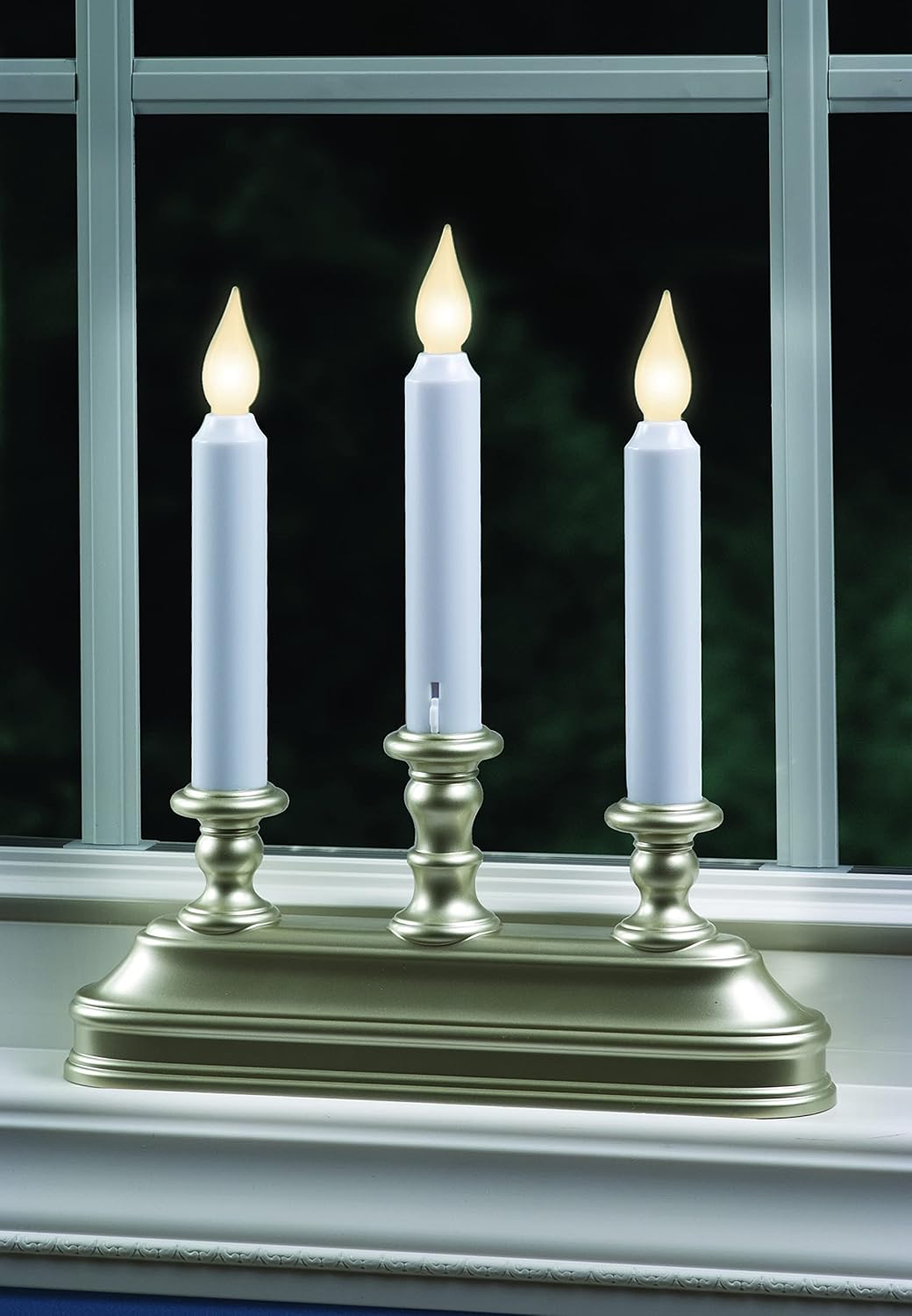 Xodus Battery Operated Window Candles, Pewter, 3-Arm Candelabra, 3 Pack