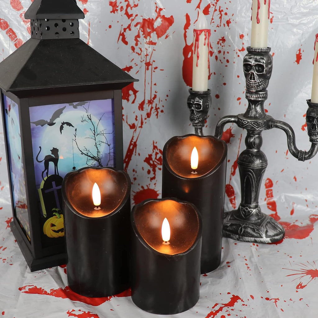 Halloween Black Flameless LED Pillar Candles Flickering with Timer