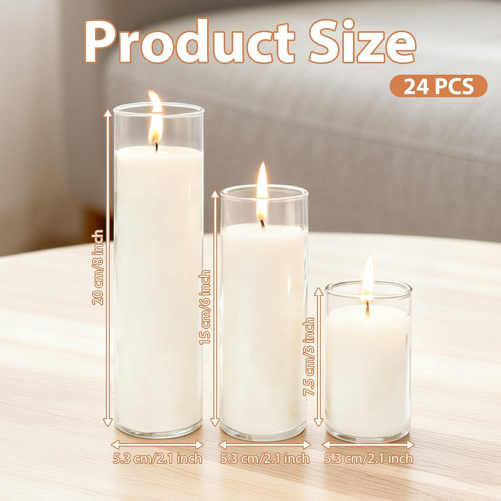 24 Pack Unscented White Pillar Candles, 3 Sizes 3/6/8 Inch, in Clear Hurricane Glass for Wedding Centerpiece, Dinner Party, Indoor & Outdoor Decor