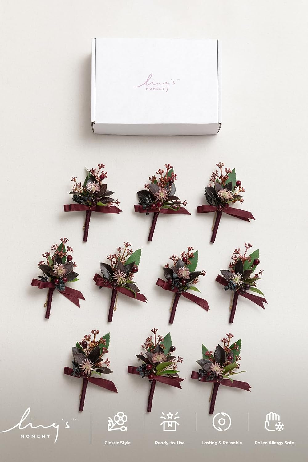 Ling's moment Boutonniere for Men, Black Baccara Burgundy, 10pcs