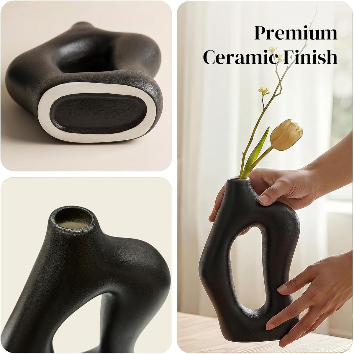 Dowan Black Vases for Decor,Hollow Ceramic Vase Set of 2,8.3" Nordic Modern Boho ins Style Decorative Ceramic Aesthetic Flower Vase for Home Decor Modern Minimalist Table, Entryway Centerpieces