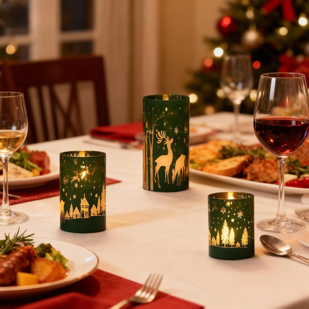 Green Christmas Flameless Candles Battery Operated Remote Timer