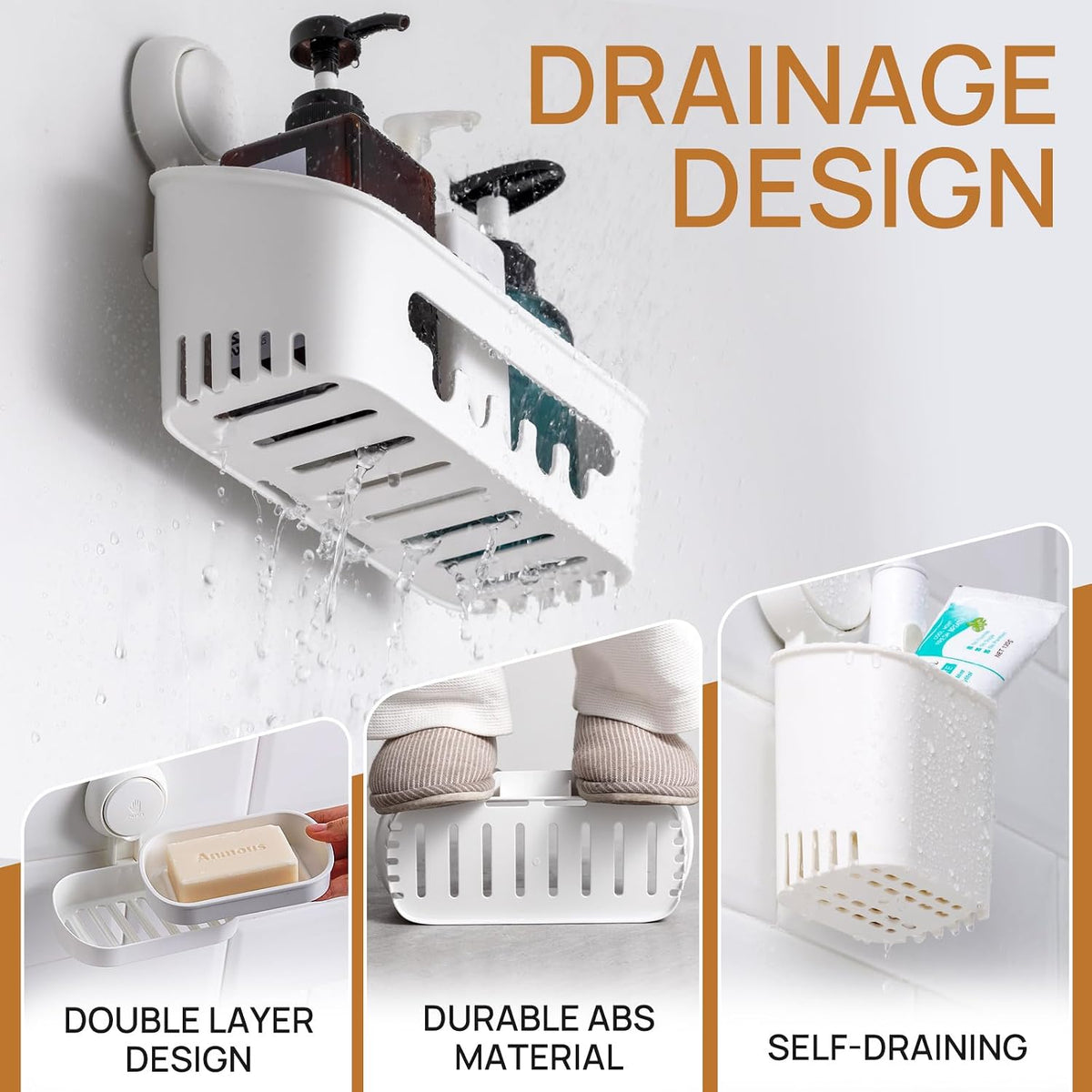 LEVERLOC Shower Caddy Suction Cup Set Shower Organizer & Soap Holder & Toothbrush Holder, Bathroom Shelf Basket NO-Drilling, Removable Suction Storage Waterproof Bathroom Caddy, White