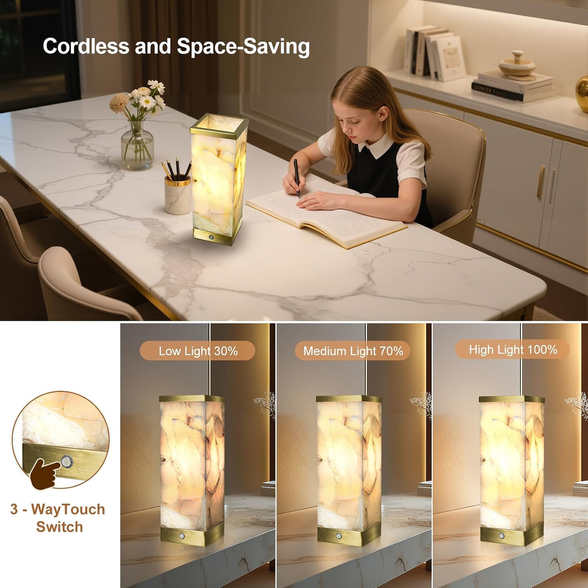 Scenekoy Modern Alabaster Rechargeable Cordless Table Lamp for Living Room