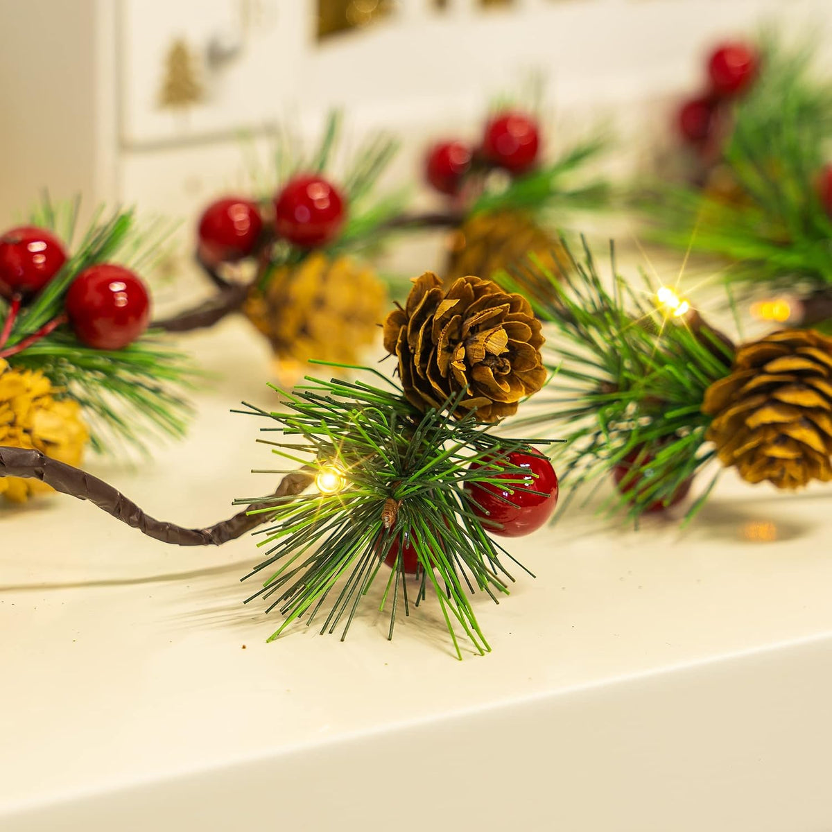 Dazzle Bright Pine Cone Christmas String Lights, Total 6.5FT 20LED Battery Operated Christmas Garland with 8 Modes, Red Berry Pine Cone Fairy String Lights for Indoor Outdoor Xmas Decorations
