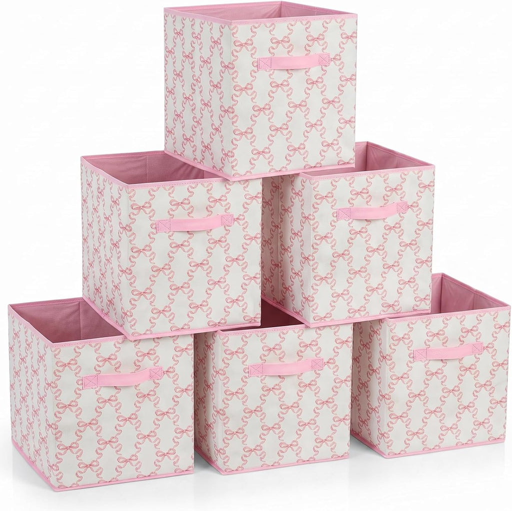 6 Pcs Pink Bow Cube Storage Bins 12.5 Inch Storage Basket with Handle, Cute Girls Organizer Basket, Collapsible Fabric Box for Classroom Bedrooms Office Home Decoration (Bow)
