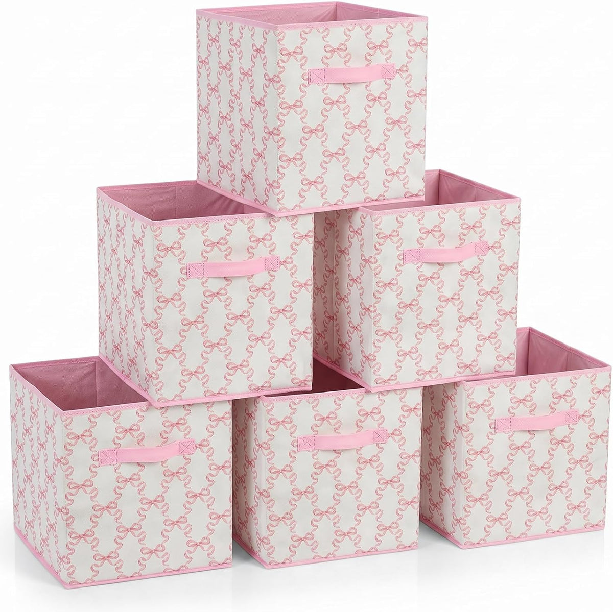 6 Pcs Pink Bow Cube Storage Bins 12.5 Inch Storage Basket with Handle, Cute Girls Organizer Basket, Collapsible Fabric Box for Classroom Bedrooms Office Home Decoration (Bow)