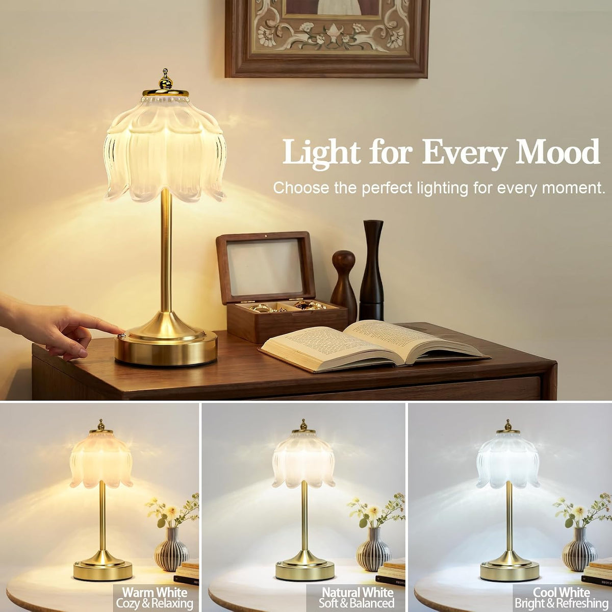 White Glass Flower Lamp, Rechargeable Cordless Table Lamp