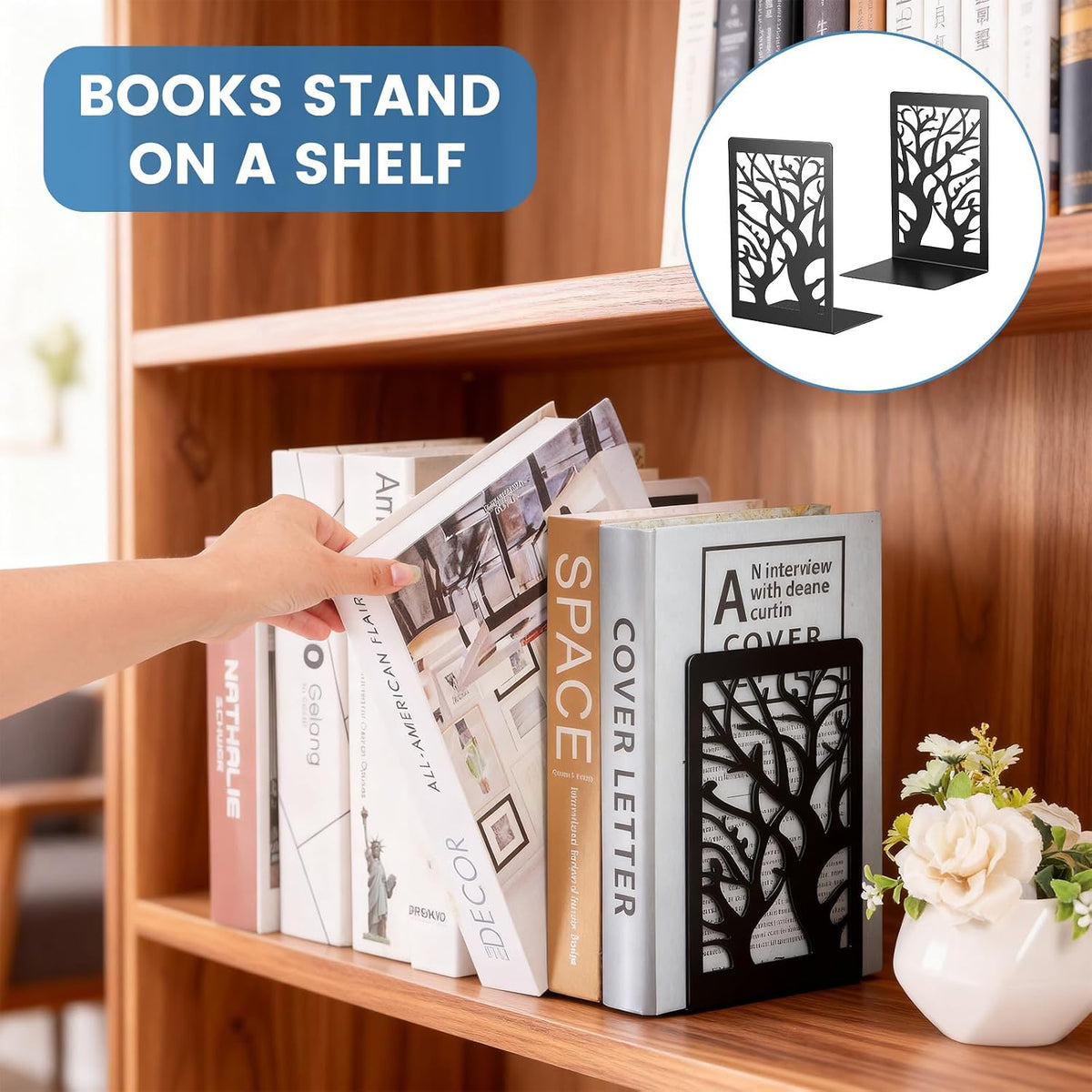 JIANTA Tree Design Metal Bookends, 2 Pairs Decorative Book Ends
