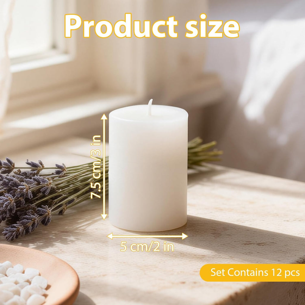 12 Pack 2 x 3 Inch Unscented White Pillar Candles, Dripless Smokeless Clean Burning Cylinder Candles for Wedding, Home Decor, Church & Emergency Lighting
