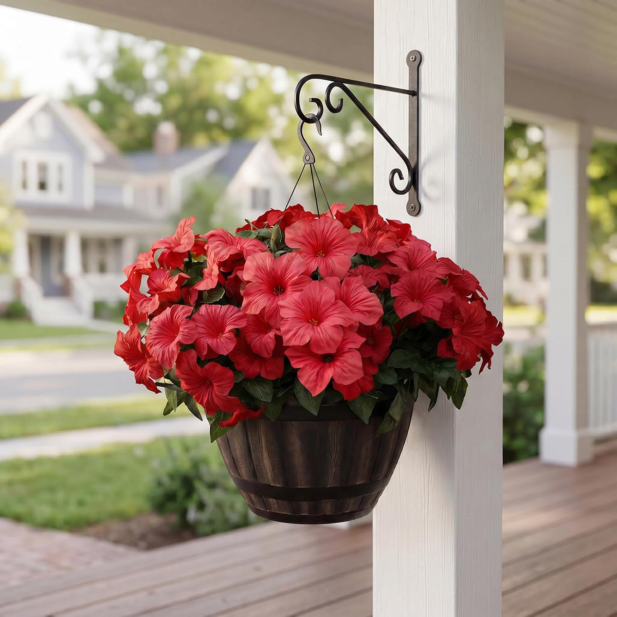 Artificial Fake Flowers Plants for Outdoor Decoration, 4PCS Faux Petunias Silk Flower UV Resistant No Fade for Home Outside Garden Balcony Yard Porch Realistic Indoor Decor (Red)