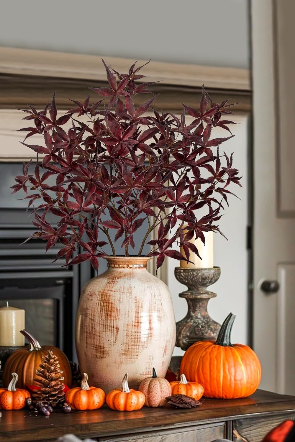Hollyone 3Pcs Artificial Japanese Maple Leaves Branches 26'' Fake Fall Leaves Stems Plants Red Faux Maple Leaf Bushes Shrubs for Home Decor Thanksgiving Festival Party Autumn Decorations Burgundy