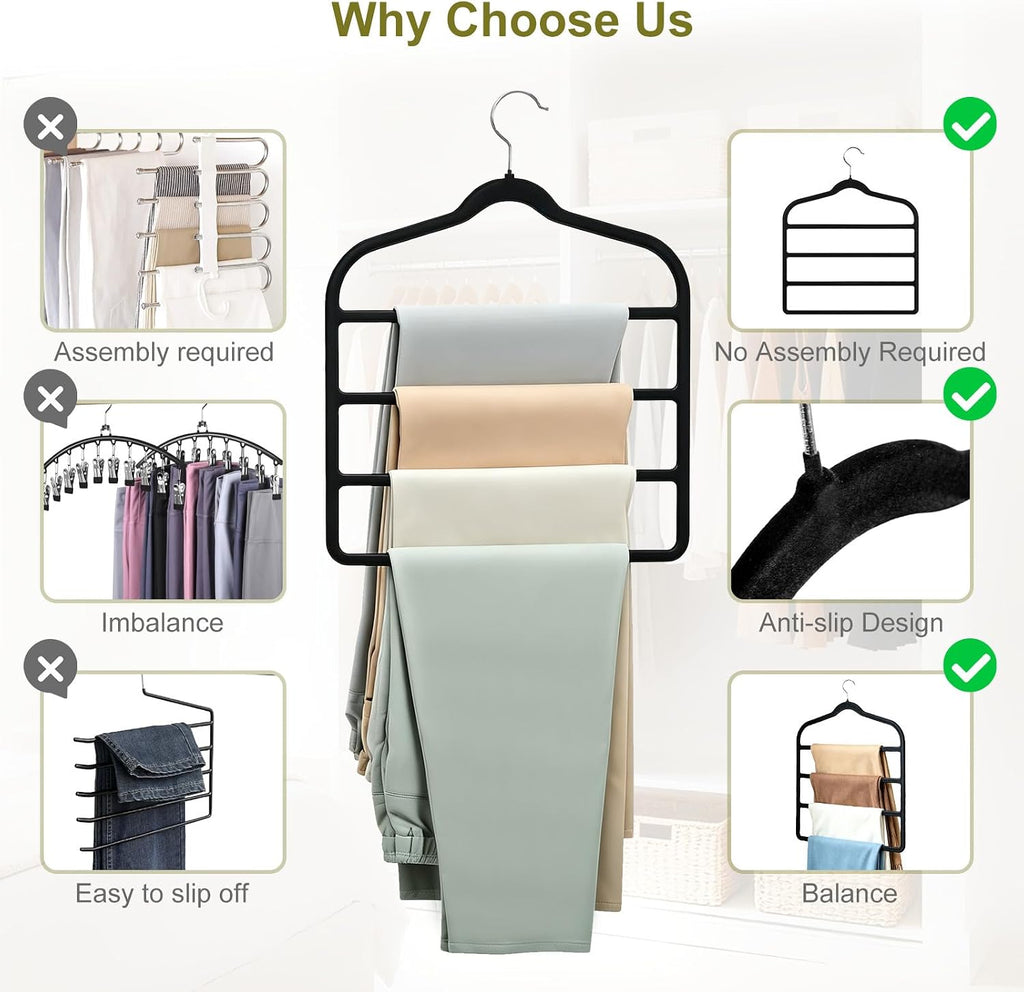 Pants Hangers Space Saving, 2 Pack Multi-Layer Velvet Pant Hanger