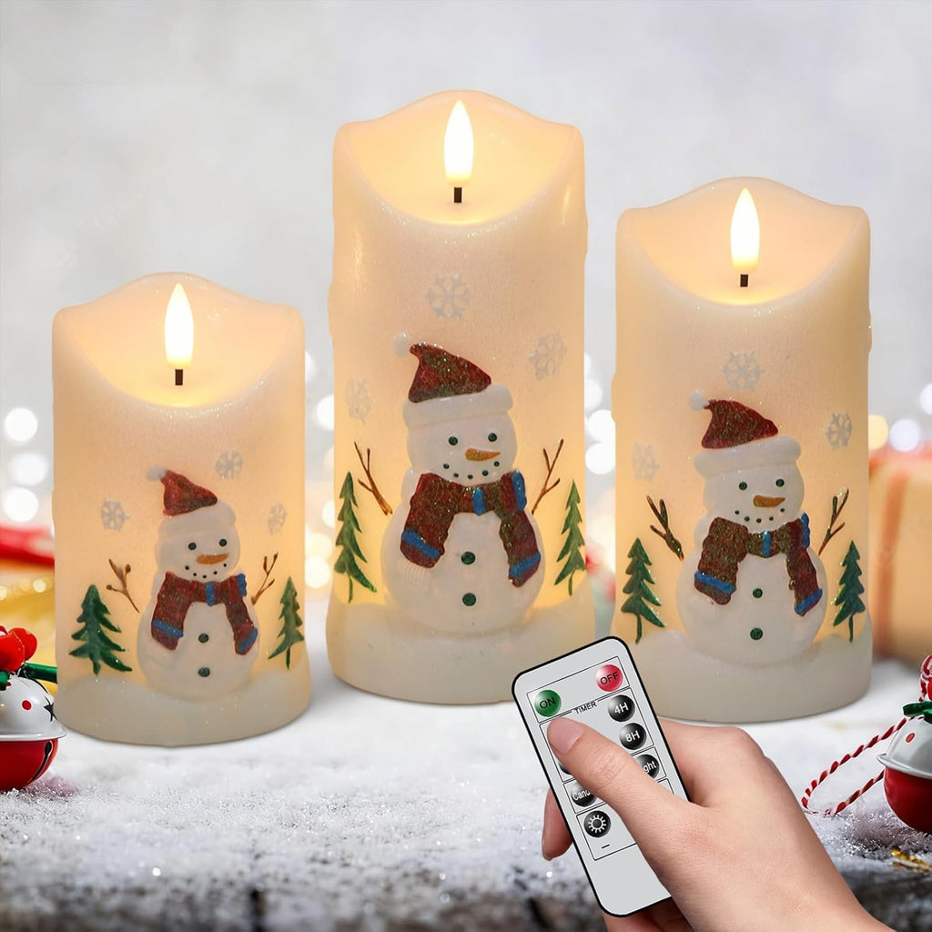 Eldnacele Snowman Relief Christmas Flameless Candles with Remote and Timer