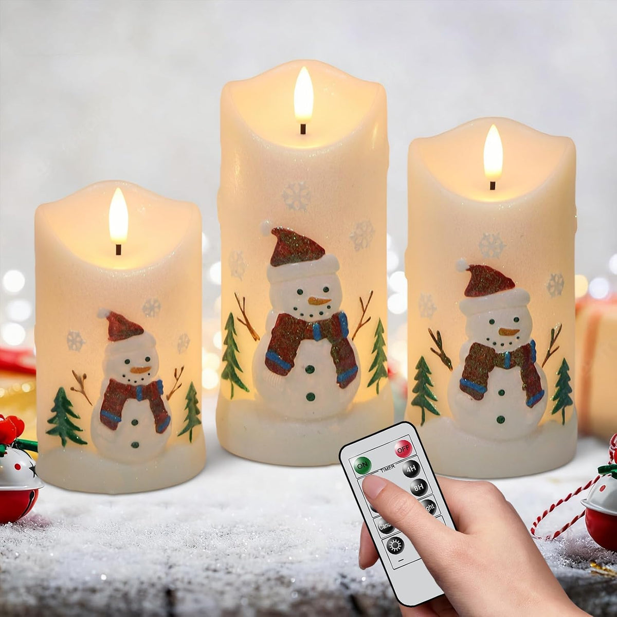 Eldnacele Snowman Relief Christmas Flameless Candles with Remote and Timer