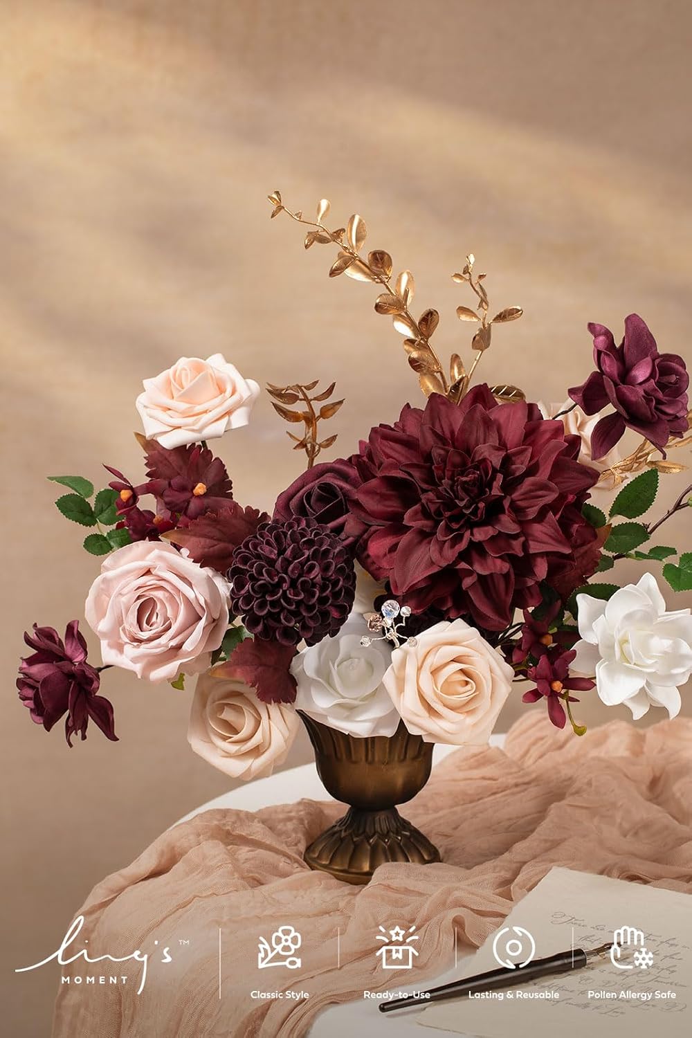 Ling's moment Artificial Wedding Flowers Combo, Marsala & Soft Peach, Grand