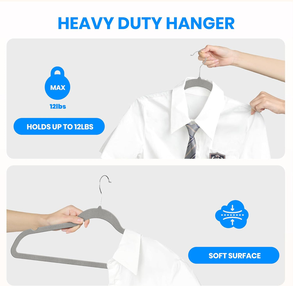 YSSOA Velvet Hangers 70 Pack, Non-Slip Clothes Hangers with Shoulder Notches, 360° Swivel Hooks, Heavy Duty Standard Hanger for Closet Space Saving, Grey