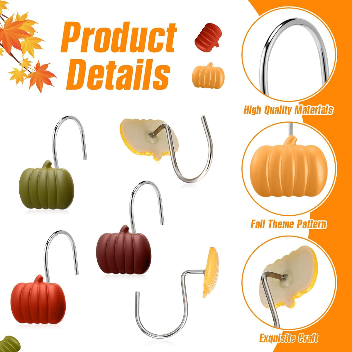 Yungyan 12 Pcs Fall Shower Curtain Hooks, Pumpkin Shower Hangers
