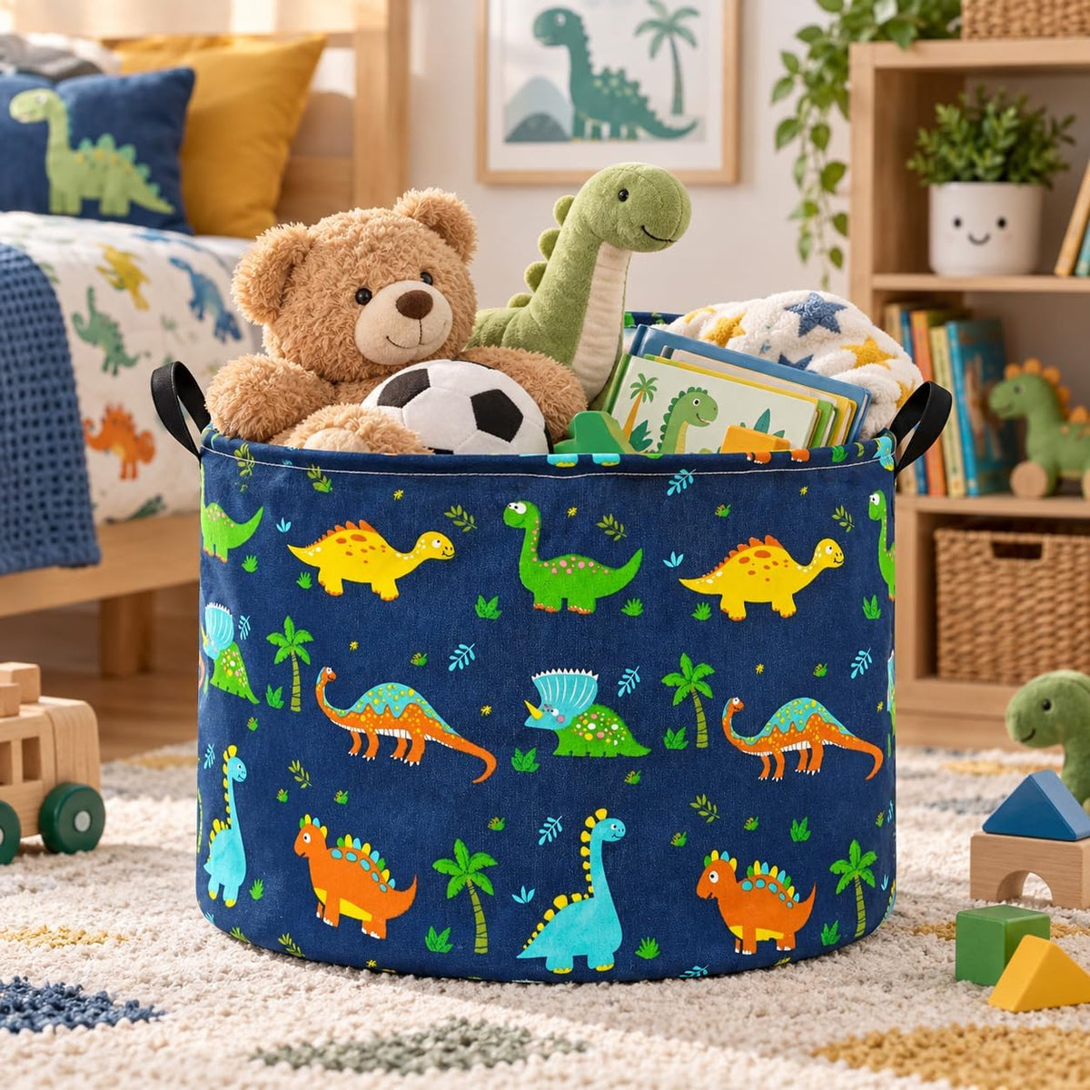Dinosaur Storage Basket, Large Collapsible Toy Storage Bin with Handles, Cotton Linen Blend Fabric Laundry Basket for Bedroom, Playroom, Nursery, Closet and Home Organization, Navy Blue