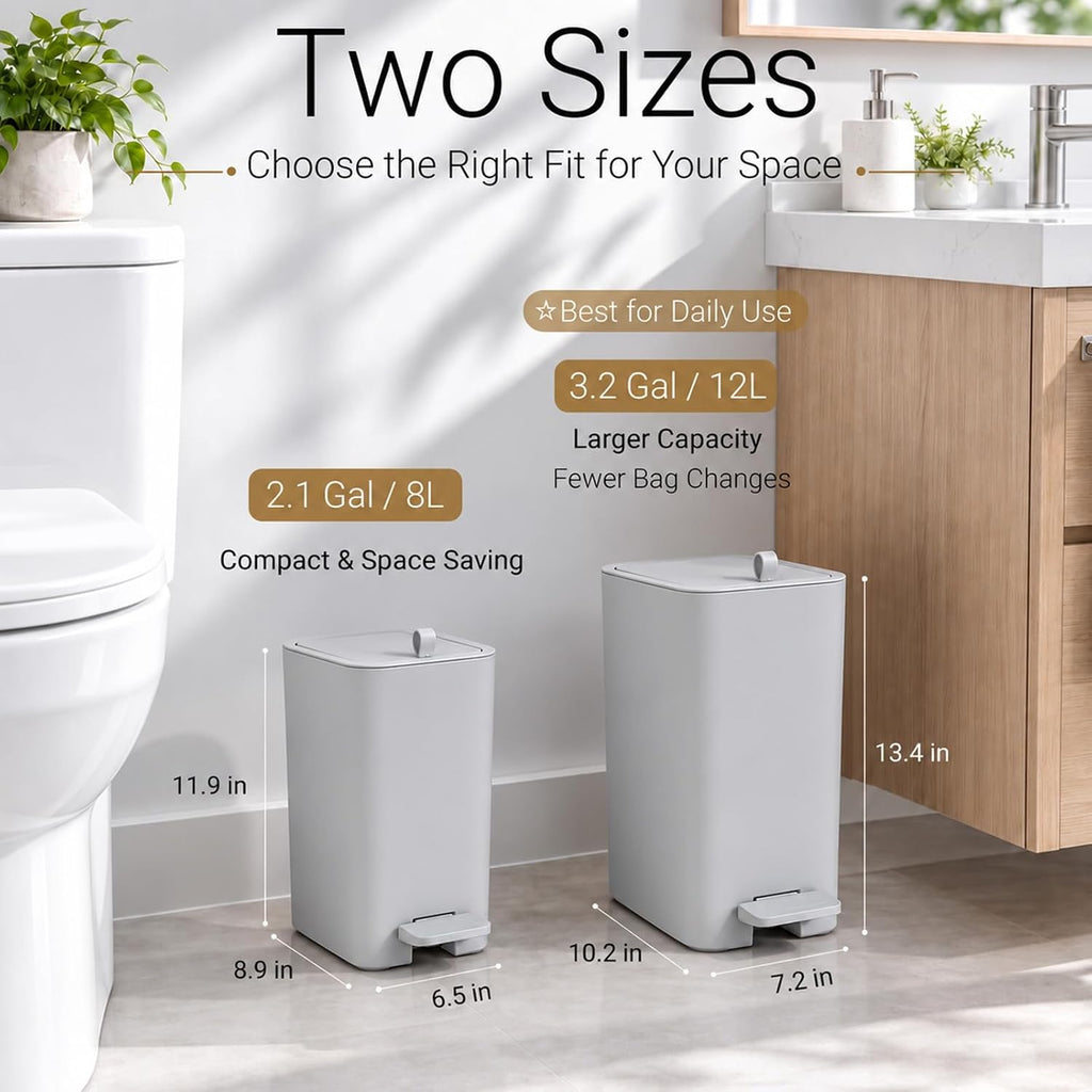 Small Bathroom Trash Can with Lid, Slim Garbage Can, 2.1 Gallon, Gray