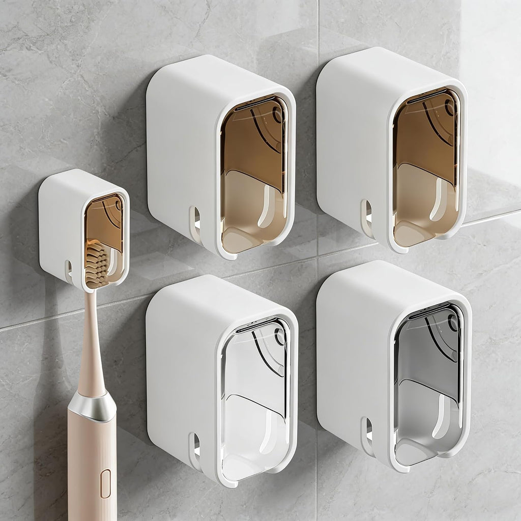 4pc Wall Mount Toothbrush Holder with Lid Self Adhesive No Drill