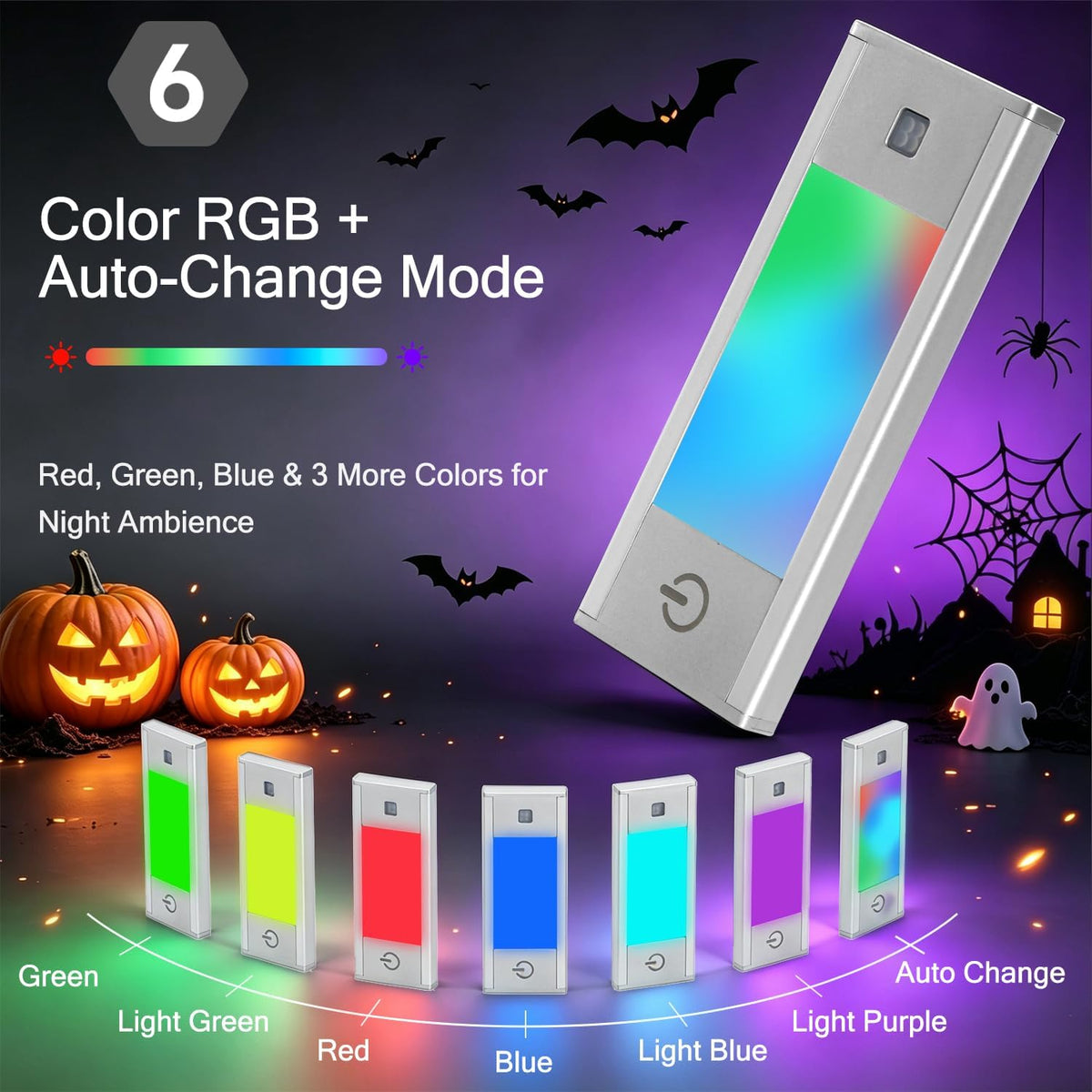 V4light Rechargeable Motion Sensor Night Light, 3-Pack Silver, RGB-6 Halloween Edition — Ultra-Thin Painted Aluminum Alloy, Magnetic Mount, 6 Eerie Colors for Haunted Pathways, Spooky Decor