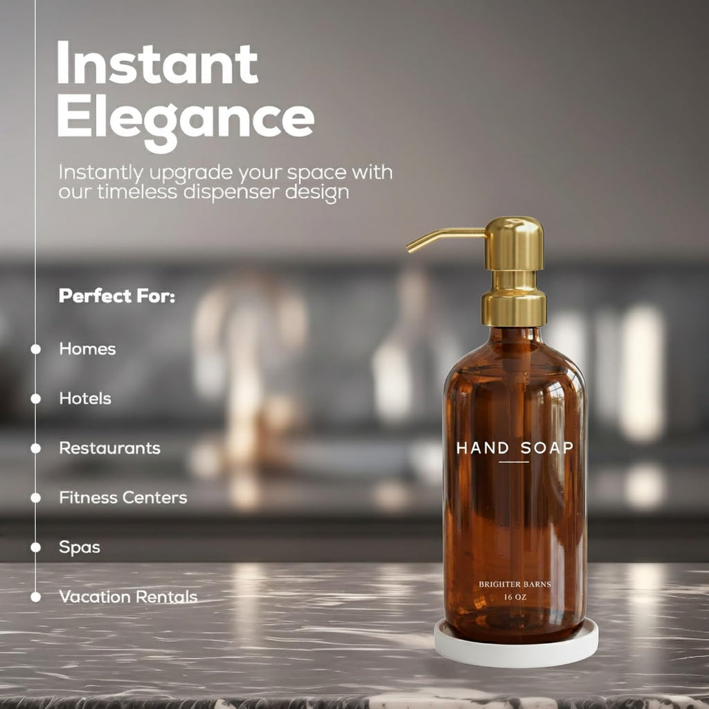 Luxury Glass Hand Soap Dispenser Bathroom Set by Brighter Barns - Refillable Liquid Hand Soap Dispenser Set for Kitchen - Gold Bathroom Decor and Accessories for Spa, Office, Hotel, Gifts (Amber/Gold)