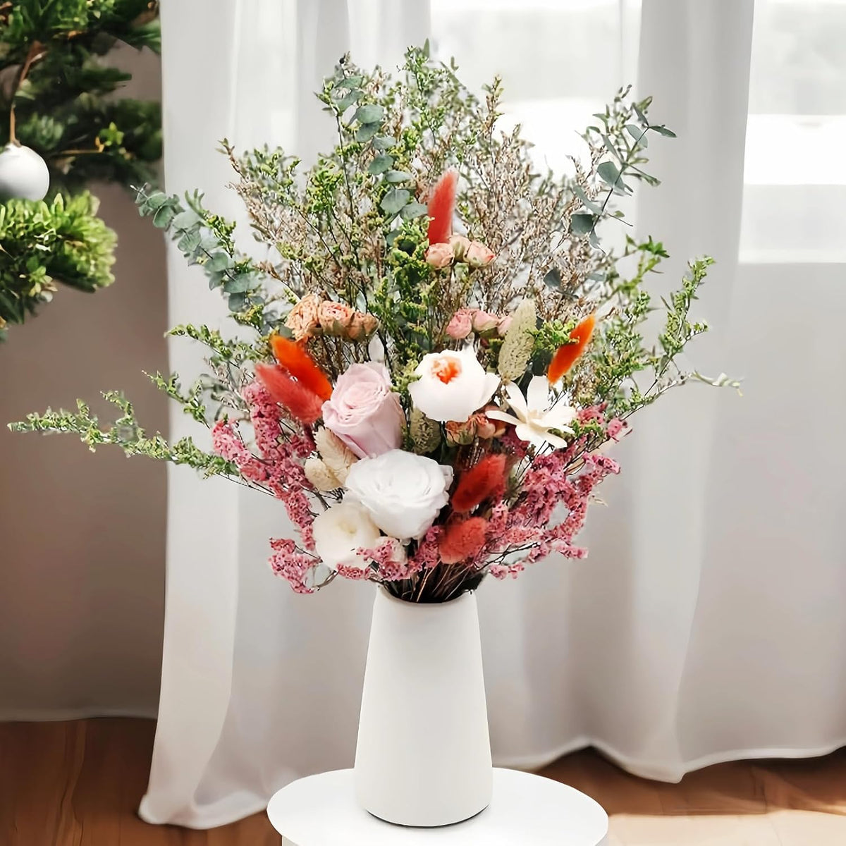 17" Dried Flower Bouquets with Vase Included, 100% Natural Dried Flowers with Forever Pink Roses,Bunny Tails,Eucalyptus Rustic Boho Decor for Home,Party Fall Decor